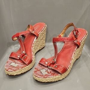 COACH Red Wedge Espadrille Sandals